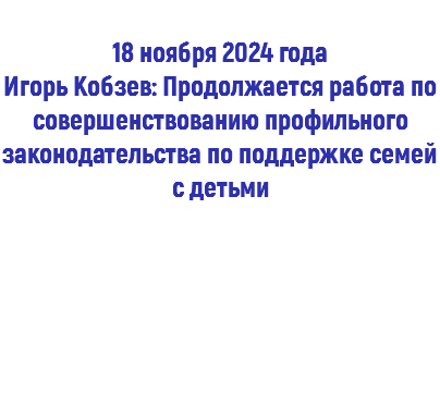  18 ноября 2024 года Игорь Кобзев: Продолжается работа по совершенствованию профильного законодательства по поддержке семей с детьми 